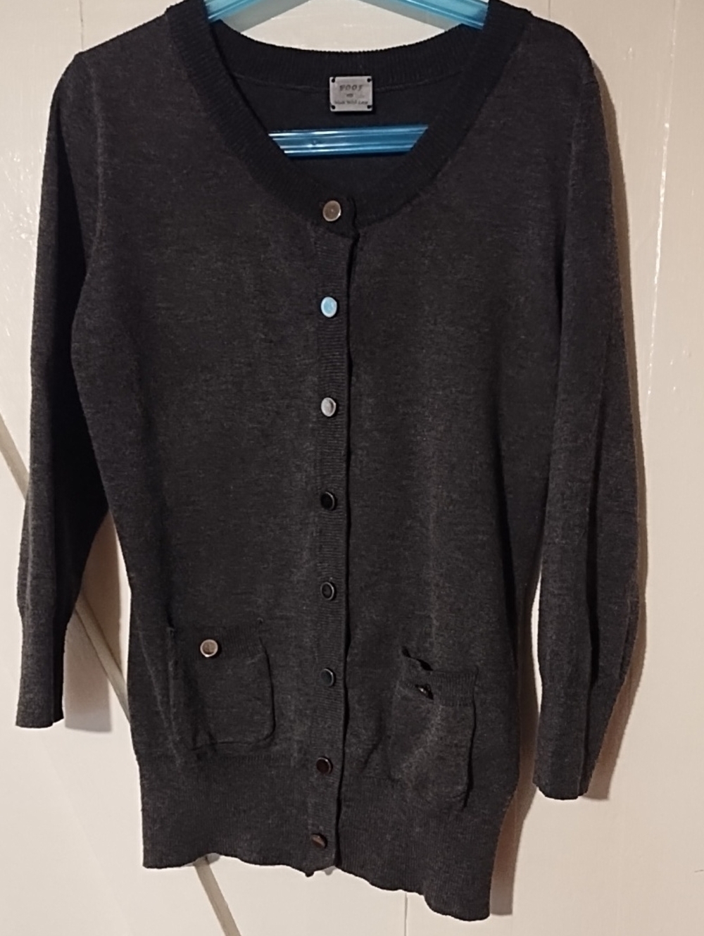 Poof! Charcoal Gray Button-Front Cardigan Small VGC.